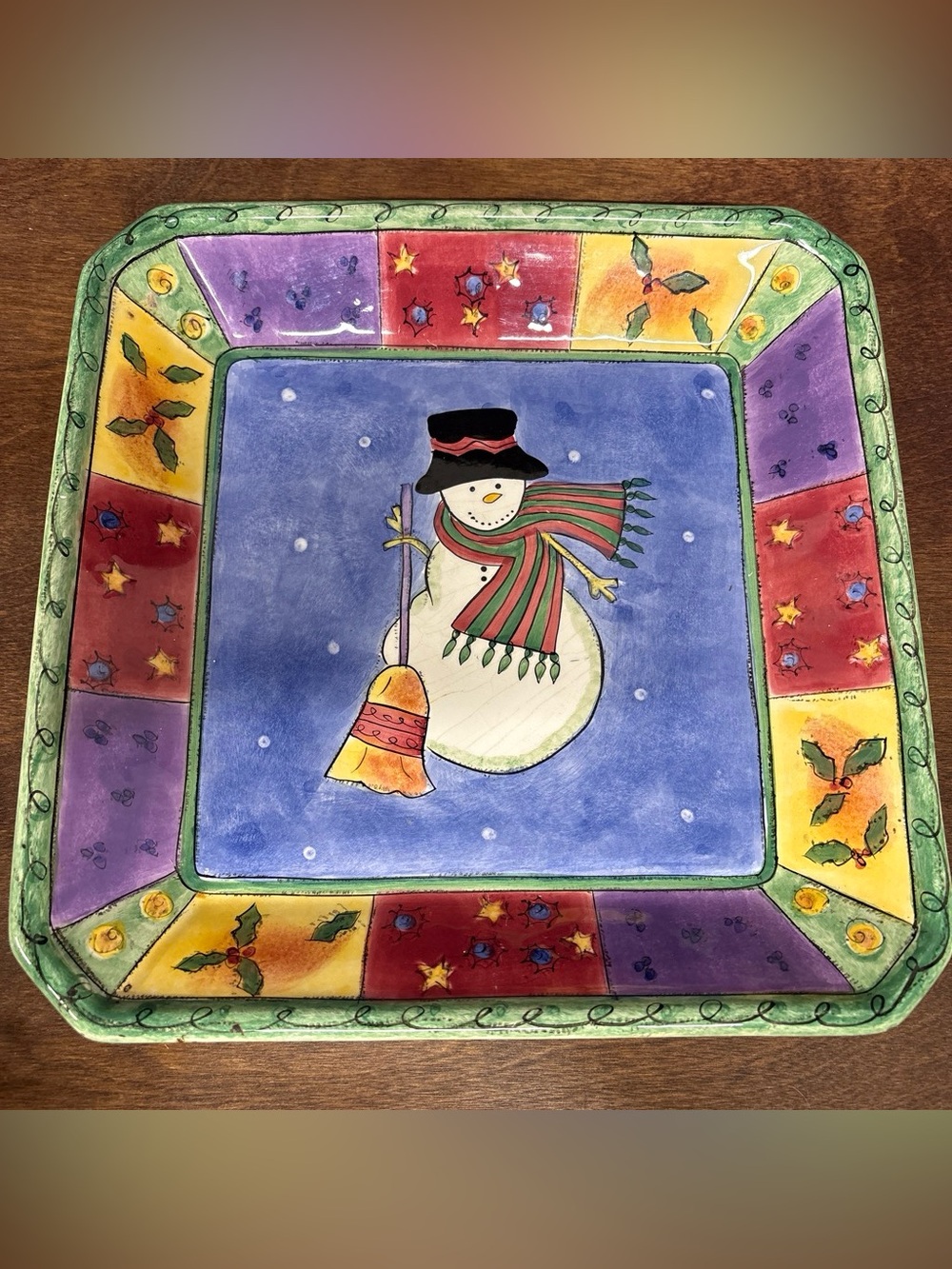 Sango Ceramic Snowman Serving Platter - Blue, Green, Red, Purple, Yellow